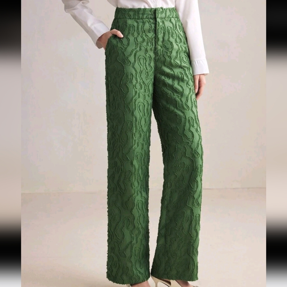 Floral Cut-Out Green Suit Pants, Women's Spring/Summer Apparel For Party - Picture 4 of 6